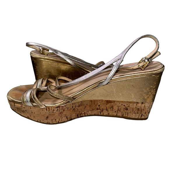 Prada Sling Back wedge sandals. Size 38.5 silver & gold metallic Authentic - Picture 5 of 9
